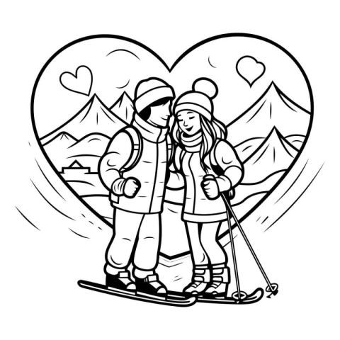 Black and White Cartoon Illustration of Couple Skiing with Heart