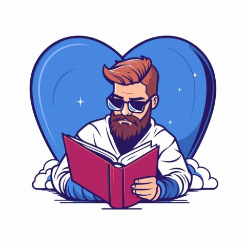 Bearded man reading a book in the heart. Vector illustration.