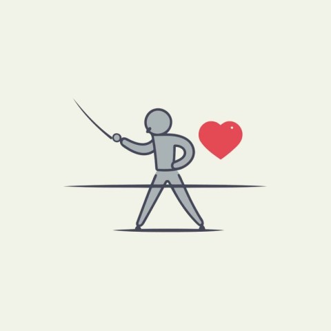 Man with a sword in his hand and a red heart. Vector illustratio