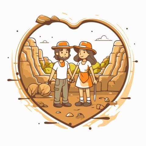 Couple of travelers in the desert. Vector illustration in cartoo