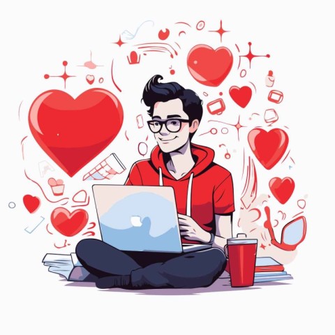 Young man sitting with laptop and social media icons. Vector ill