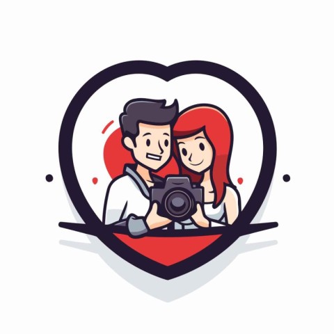 Vector illustration of a couple in love with camera in heart sha