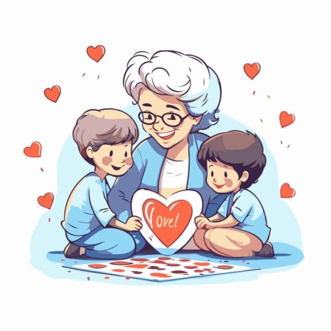 Grandmother with grandchildren playing board game. Vector illust