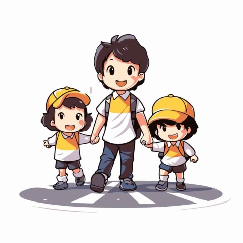 father and kids with construction helmet vector illustration gra