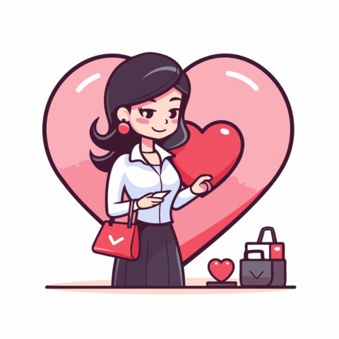 Beautiful girl with shopping bag and heart. Vector illustration