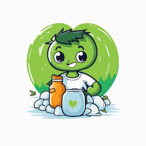 Cute little green alien with a bottle of milk. Vector illustrati