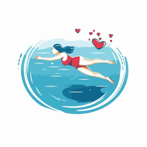 Girl swimming in the sea with hearts around her. Vector illustra