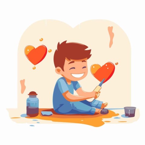 Boy playing with a toy in the form of a heart. Vector illustrati