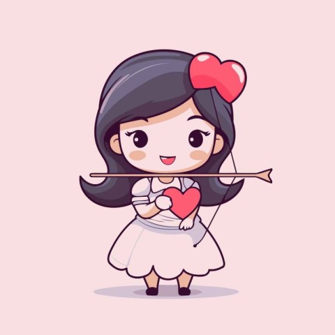 Cute little girl in love holding a bow and arrow. Cartoon vector