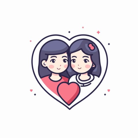 Cute couple in heart shape. Vector illustration in line art styl