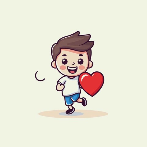 Cute boy running and holding heart. Vector cartoon character ill