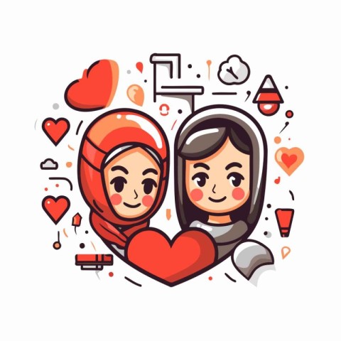 Vector illustration of muslim girls in traditional clothes with