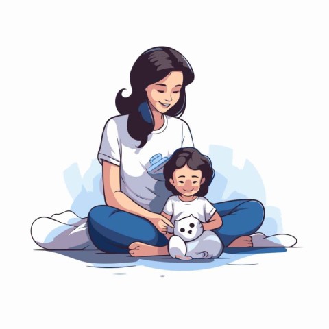 Mother and her daughter playing with a soft toy. Vector illustra