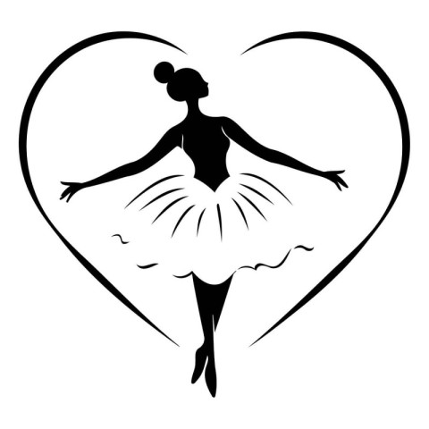 Ballerina silhouette in heart. Black and white vector illustrati