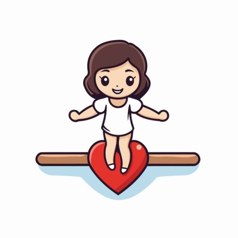 Cute little girl sitting on a wooden seesaw and holding a heart