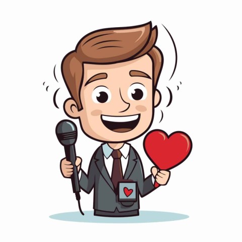 Businessman holding a microphone and holding a heart. Vector ill