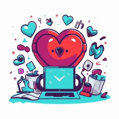 Vector illustration of a laptop with a heart and a set of things