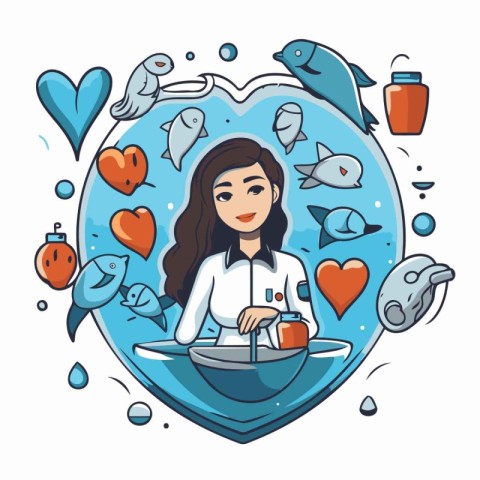 Young woman washing dishes in the bathroom. Vector illustration