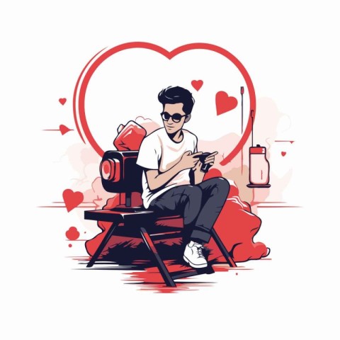 Vector illustration of a man sitting on a chair with a camera. V