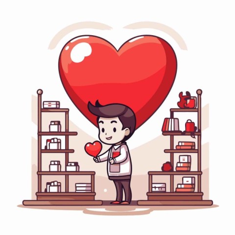 Man holding a big red heart in the store. Vector illustration.