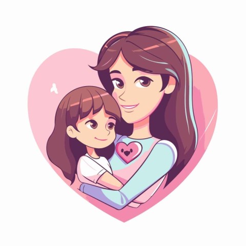 Mother and daughter in heart shape. Cute cartoon vector illustra