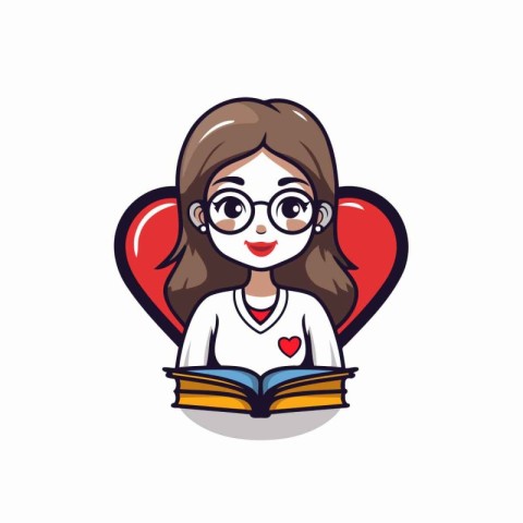 Cute girl reading a book with red heart around. Vector illustrat