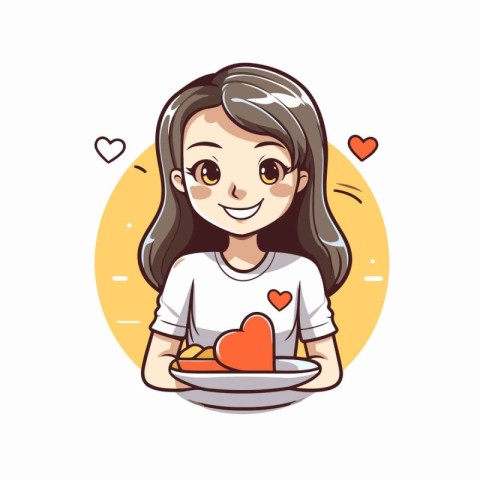 Cute girl holding plate with heart. Vector illustration in carto