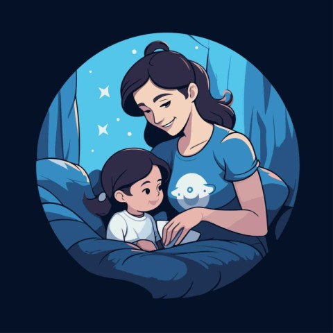 Mother and her daughter in bed. Vector illustration in cartoon s