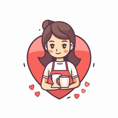 Cute girl holding cup of coffee in heart shape. Vector illustrat