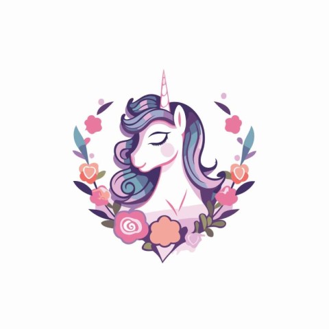 Unicorn with flowers. Vector illustration in a flat style.