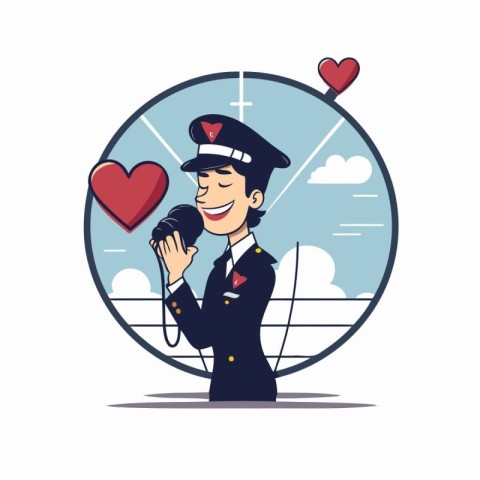 Pilot with a microphone in the form of a heart. Vector illustrat