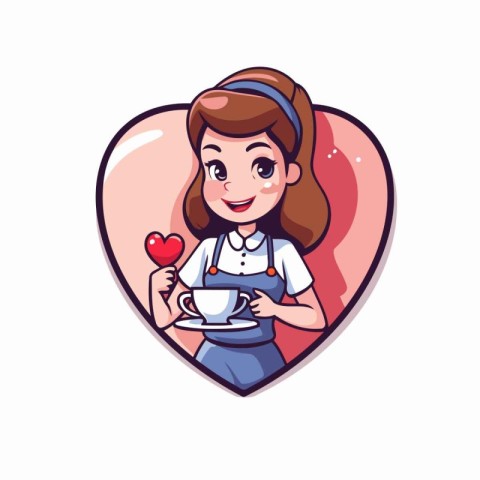 Cute girl with coffee cup and heart. Vector illustration in cart