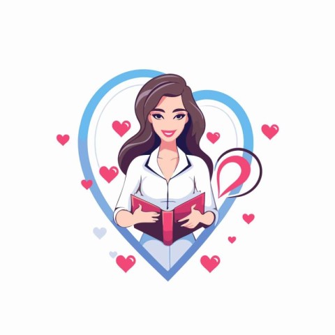 Young beautiful woman reading a book in a heart shape. Vector il