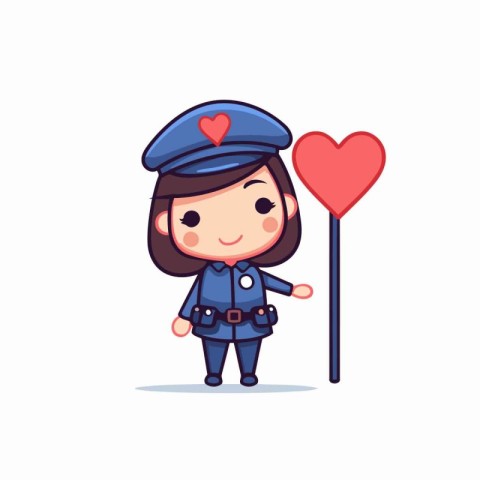 Cute cartoon police girl with heart on stick. Vector illustratio