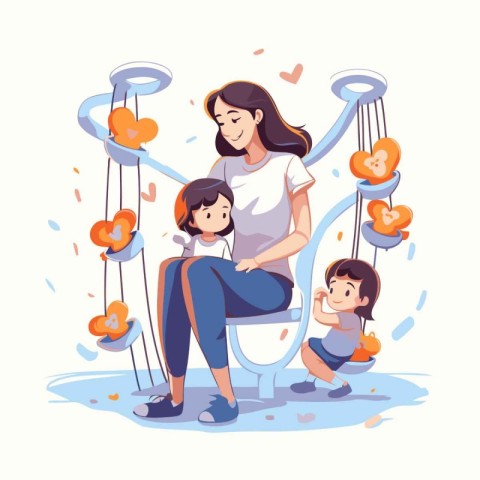 Mother and children playing in swing. Vector illustration in car