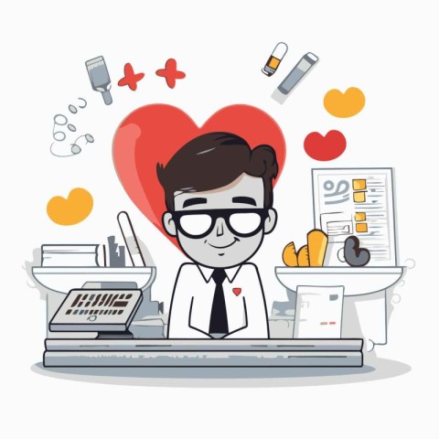 Illustration of a man with glasses working at the computer in th