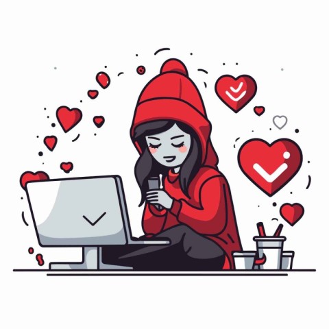 Vector illustration of a girl in a red hoodie using a laptop.