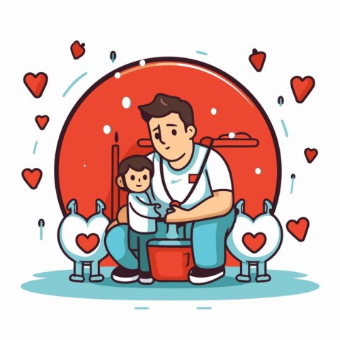 A vector illustration of a father and his son with hearts around