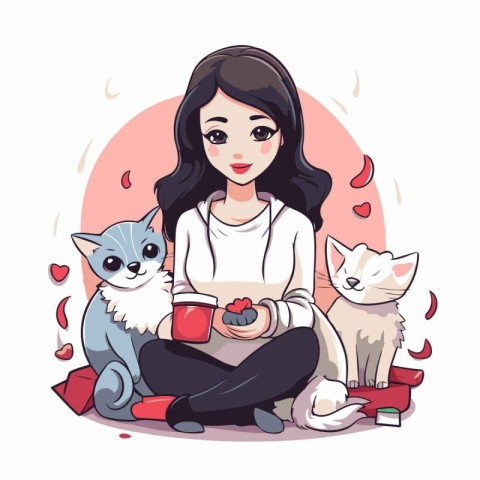 Beautiful young woman with cats. Vector illustration in cartoon