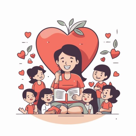 Mother reading a book with her children. Vector illustration in