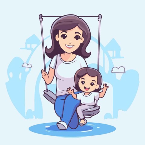 Mother and son swinging on a swing. Vector illustration in carto