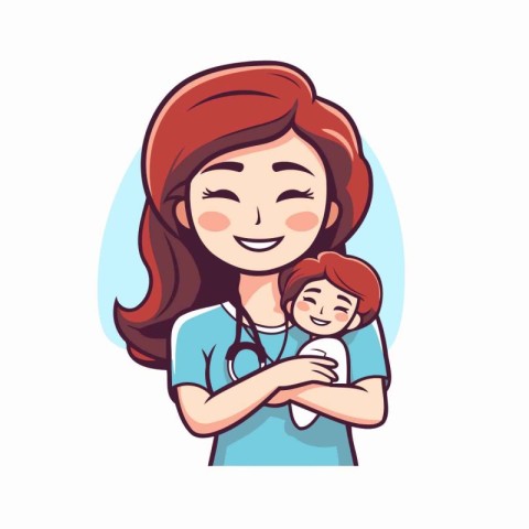 Nurse holding a newborn baby. Vector illustration in cartoon sty