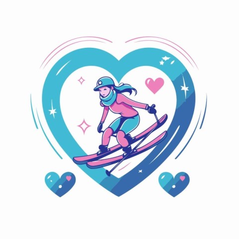 Vector illustration of a girl skiing in the shape of a heart.