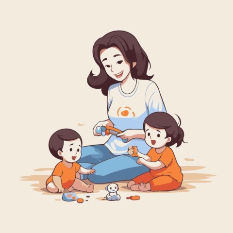 Mother and children playing with toys. Vector illustration in ca