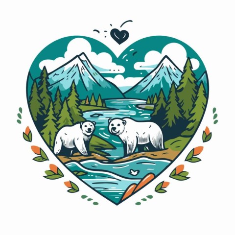 Polar bear with a heart in the mountains. Vector illustration.