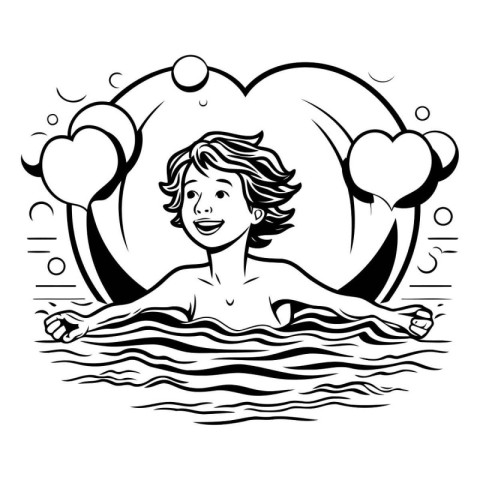 Black and white illustration of a young man in a hot tub with he