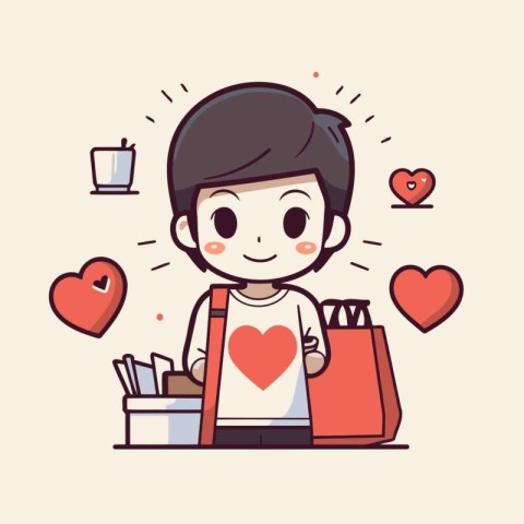 Cute boy with shopping bag and coffee cup. Vector illustration.