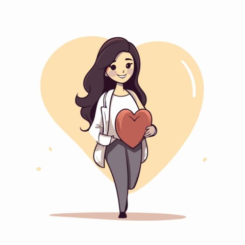 Vector illustration of a beautiful girl holding a big red heart.