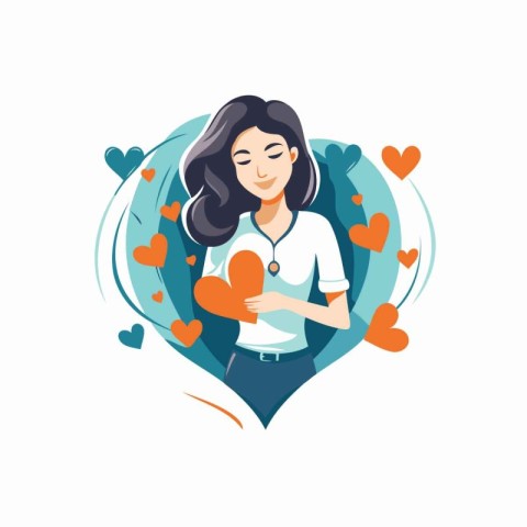 Woman holding a heart in her hands. Vector illustration in flat