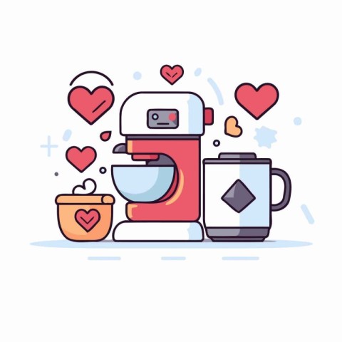 Coffee machine and cup of coffee with hearts. Vector illustratio